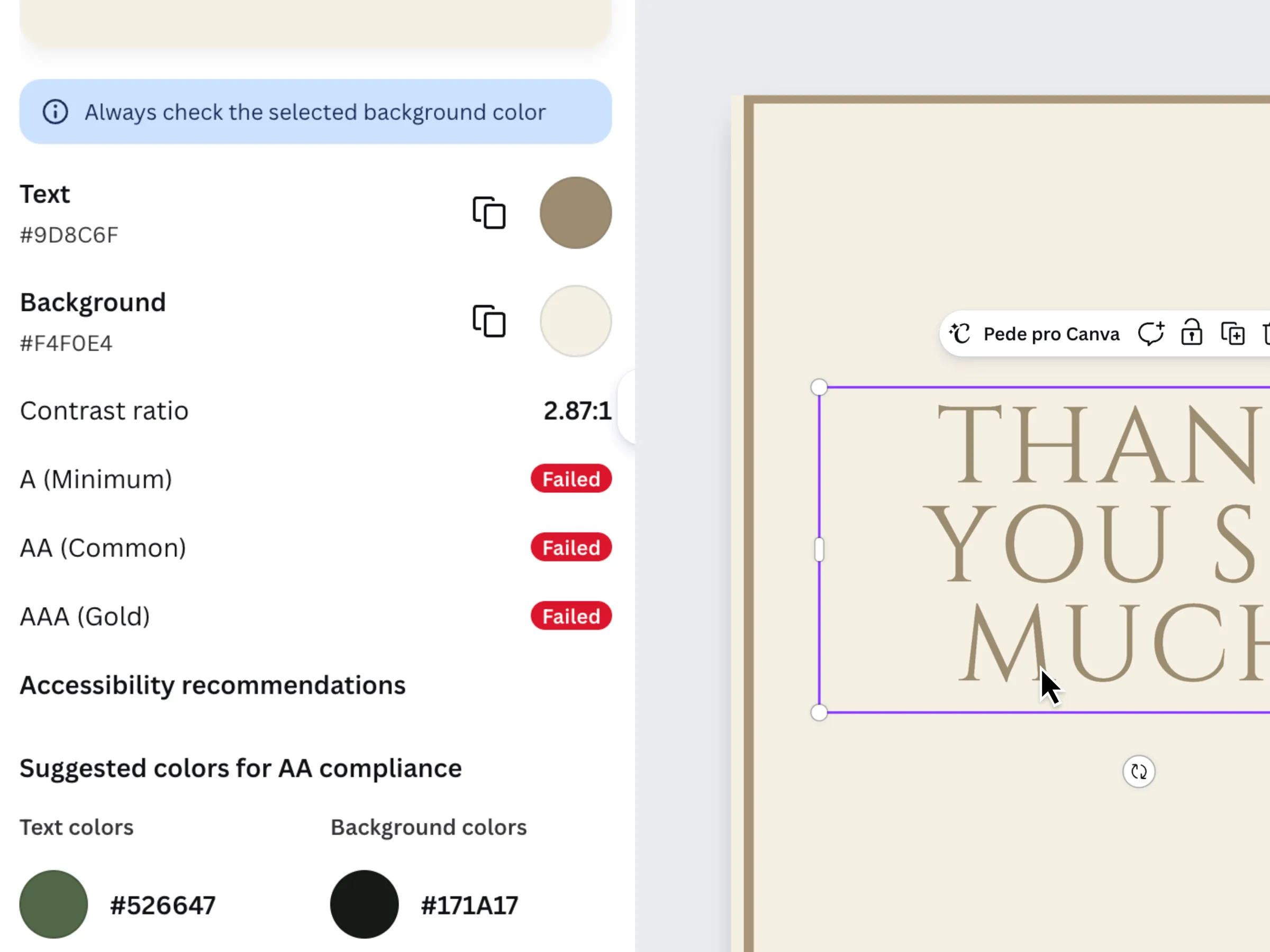Interface do Canva mostrando um erro de contraste entre a cor do texto e o fundo, com sugestões de cores para acessibilidade.